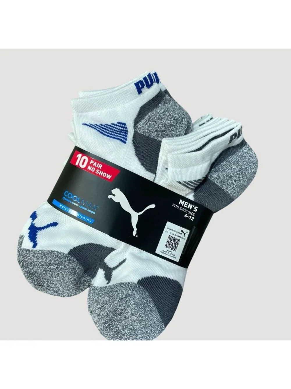 NWT Puma CoolMax Men's 6-12 No Show Socks 10-Pair Shoe White/Gray